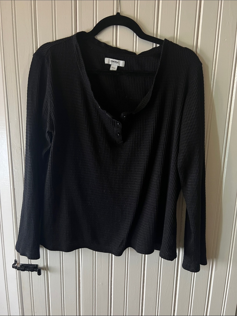 Sonoma Black Waffle-Knit Henley Long Sleeve Top